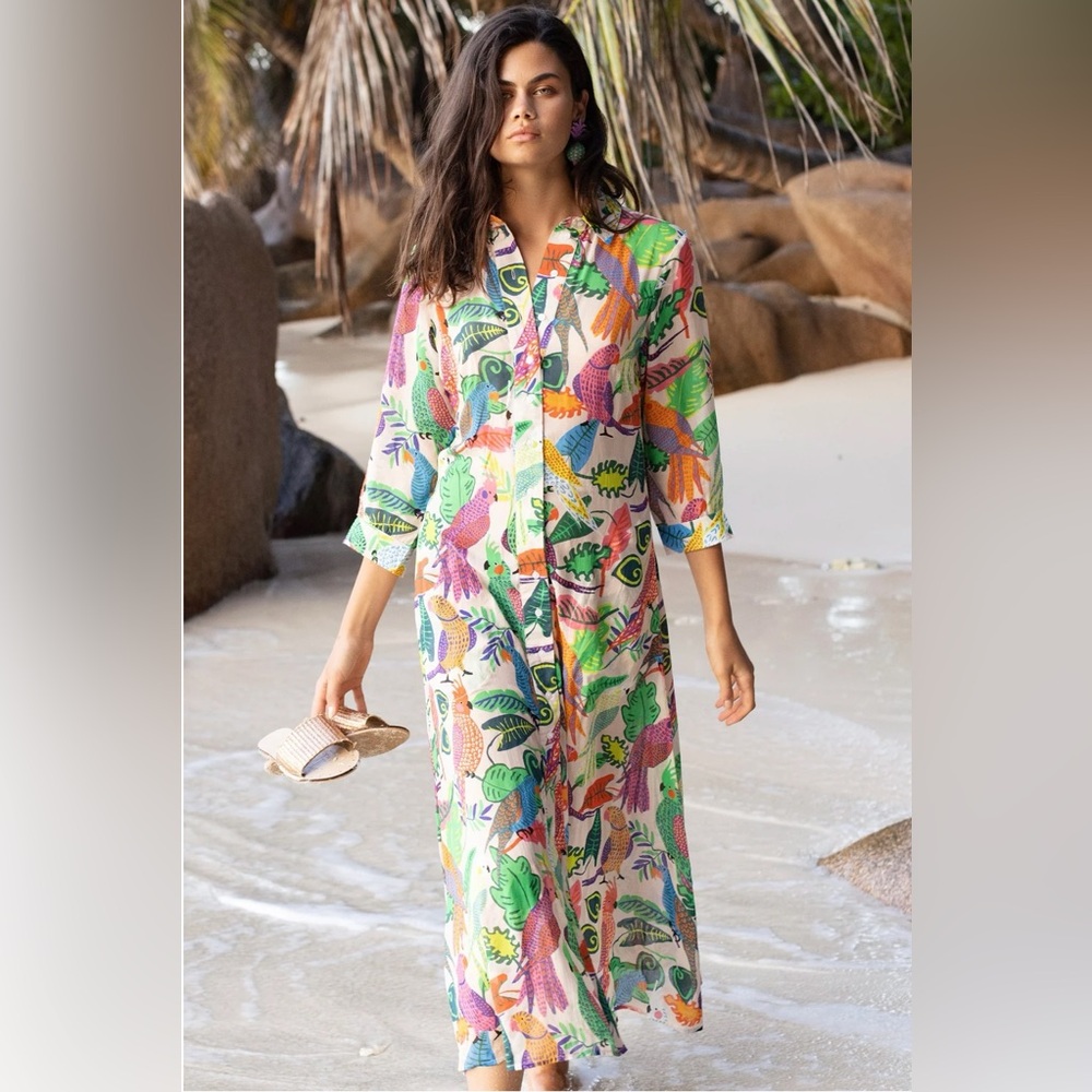Oliphant Tropical Print Midi Dress in Green, Pink, Orange